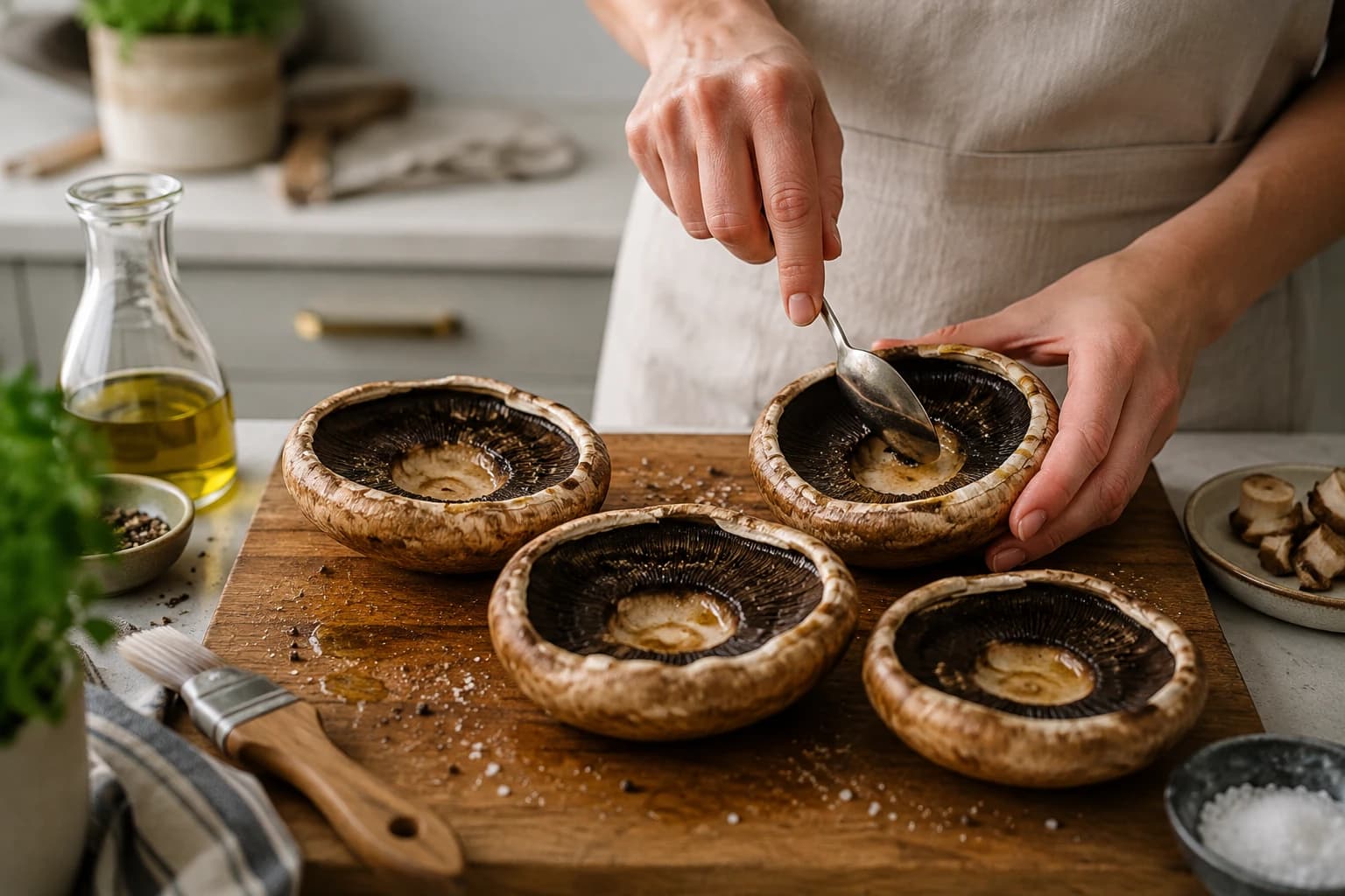 Four large Portobello mushroom caps being cleaned, de-stemmed, and prepared for stuffing on a kitchen work surface.