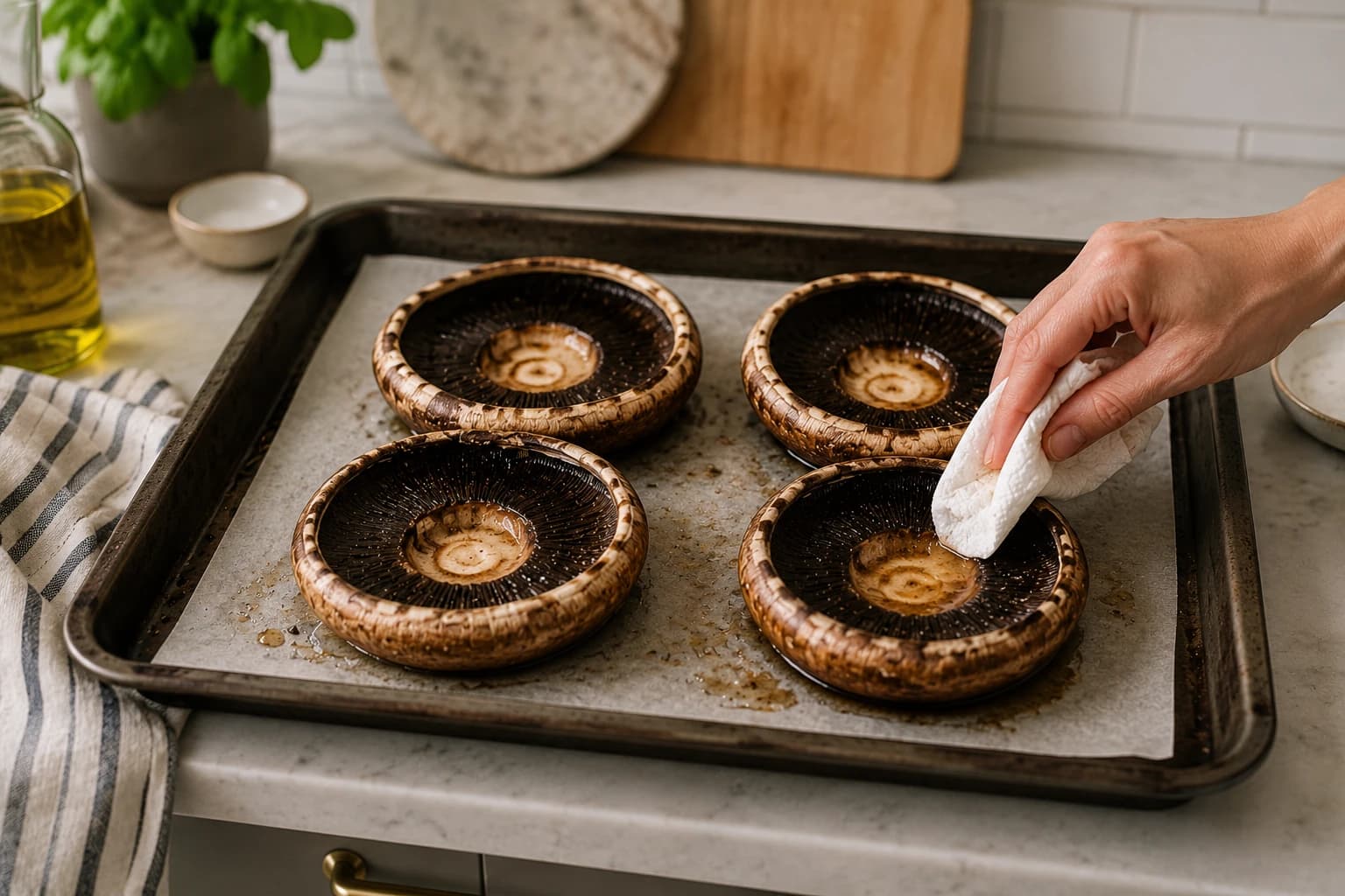 Four Portobello mushroom caps partially roasted on a baking tray, showing the softened caps and released moisture.