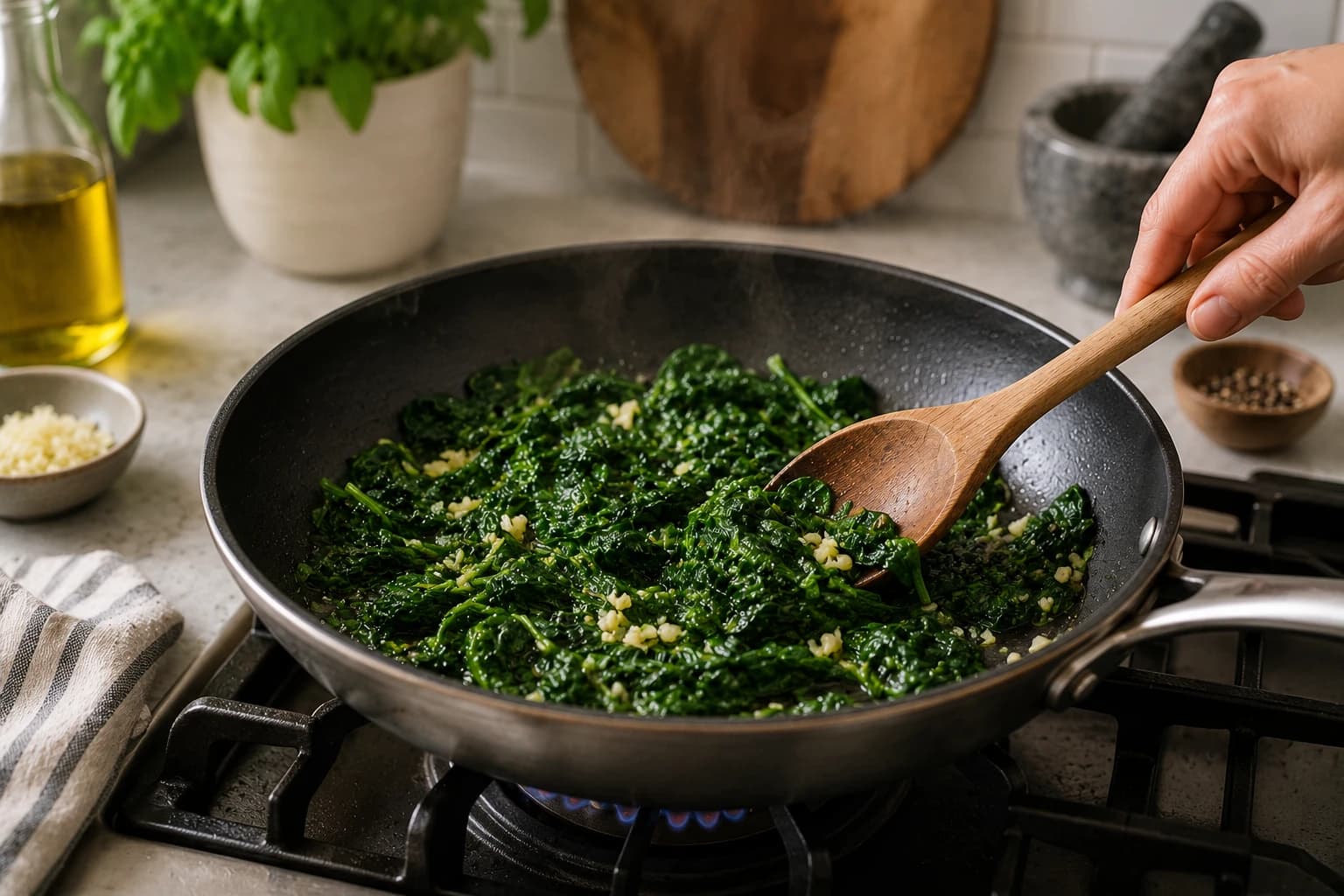 Chopped spinach and minced garlic being gently sautéed in olive oil in a skillet for the mushroom filling.