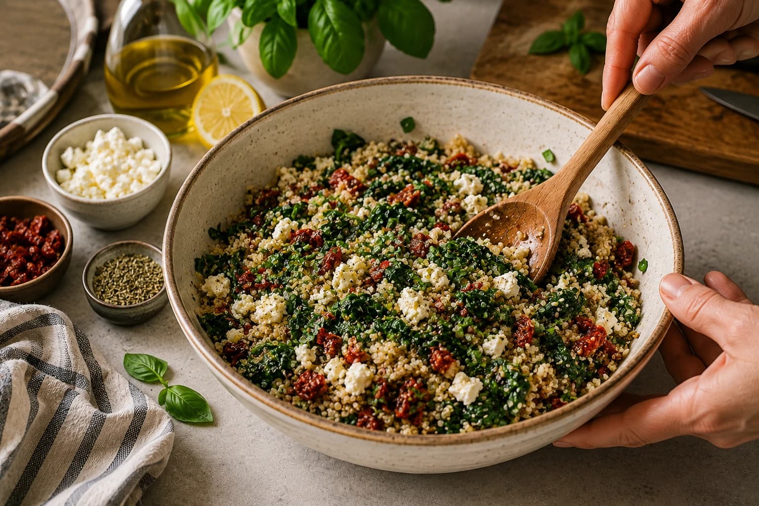A colorful Mediterranean quinoa filling being mixed with spinach, sun-dried tomatoes, feta, basil, and oregano in a bowl.