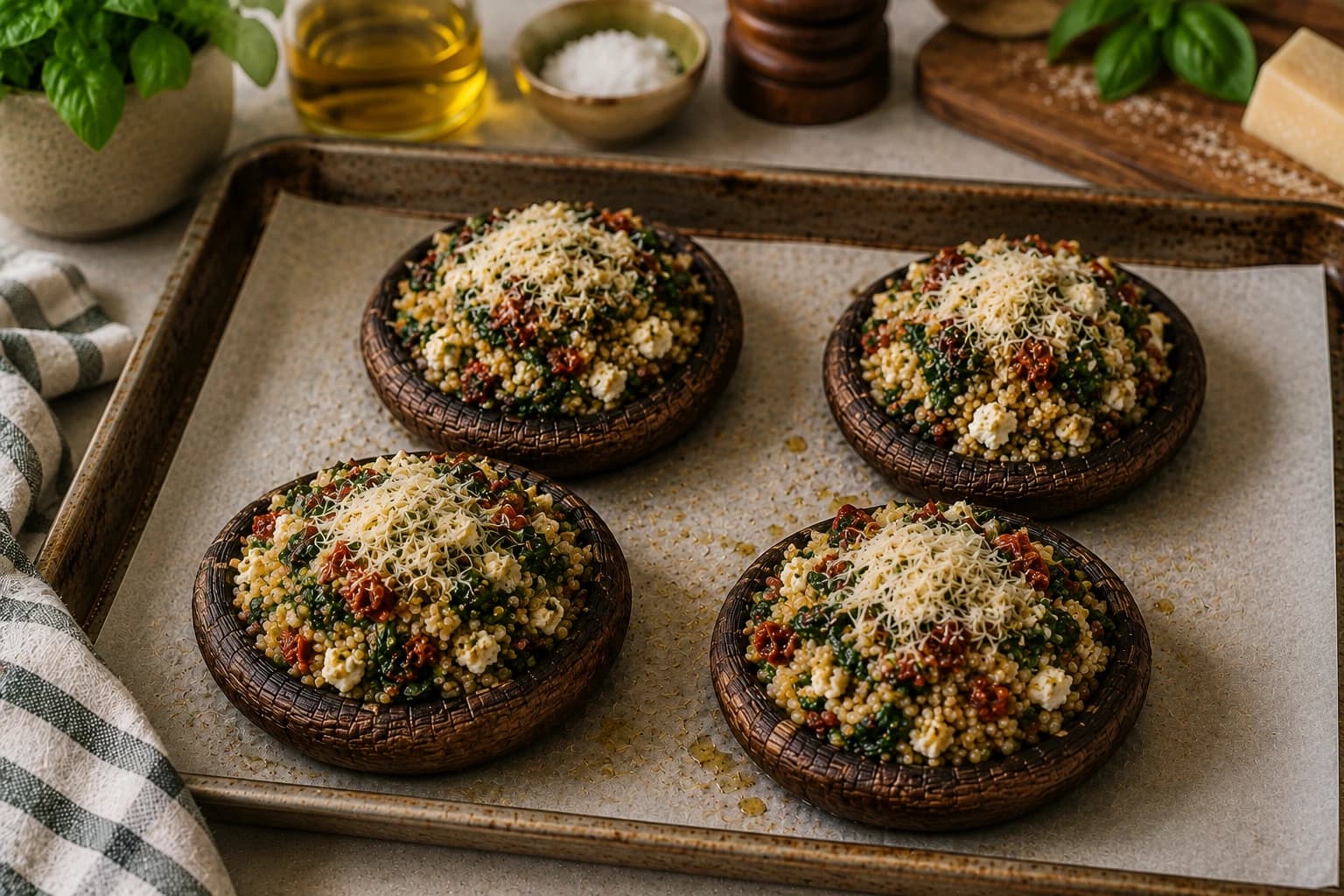 Four partially roasted Portobello mushrooms generously filled with quinoa, spinach, feta, and sun-dried tomatoes and topped with Parmesan.