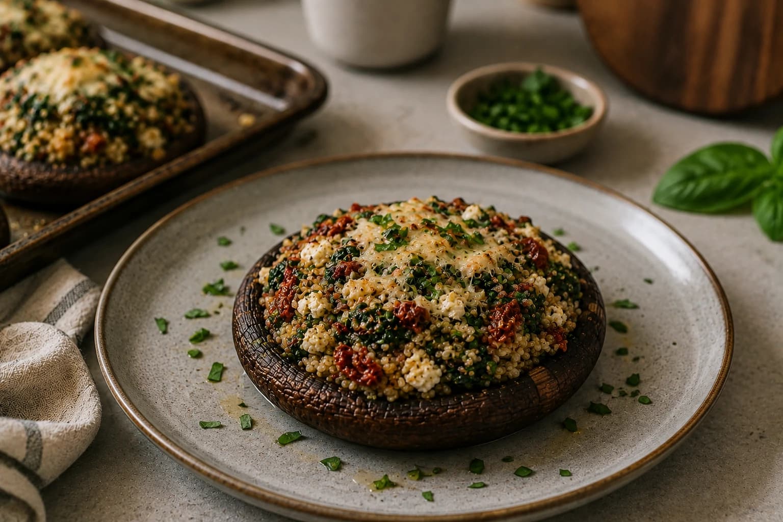Finished Mediterranean stuffed Portobello mushrooms with a hot quinoa and spinach filling and lightly golden Parmesan topping.