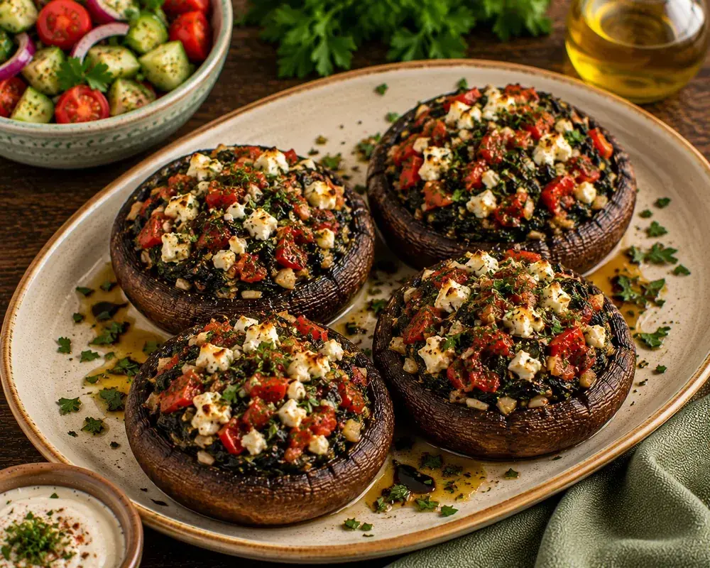Four baked Portobello mushrooms filled with quinoa, spinach, sun-dried tomatoes, feta, basil, oregano, and Parmesan on a Mediterranean-style plate.