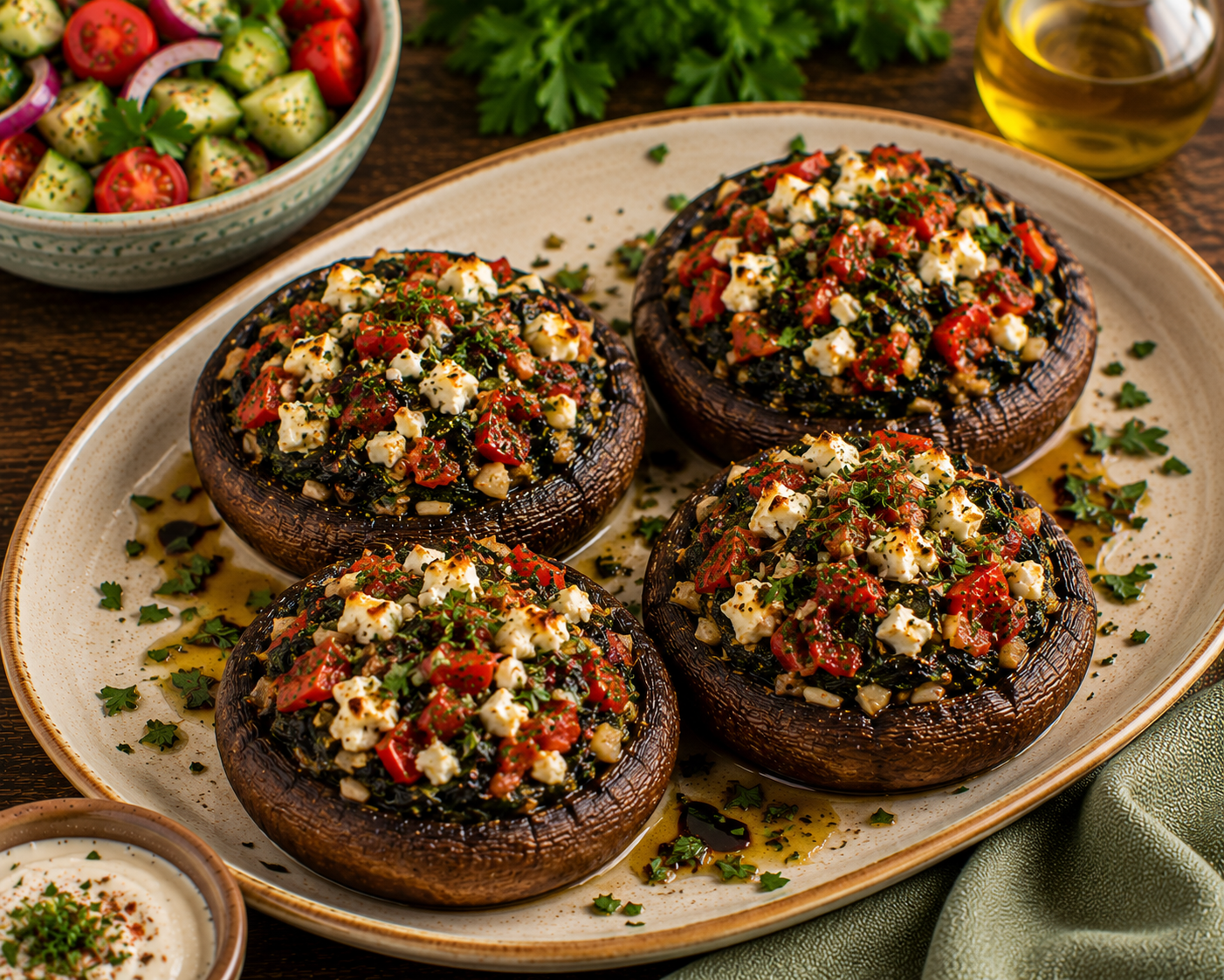 Baked Portobello mushrooms stuffed with spinach, quinoa, feta cheese, sun-dried tomatoes, parsley, and herbs.