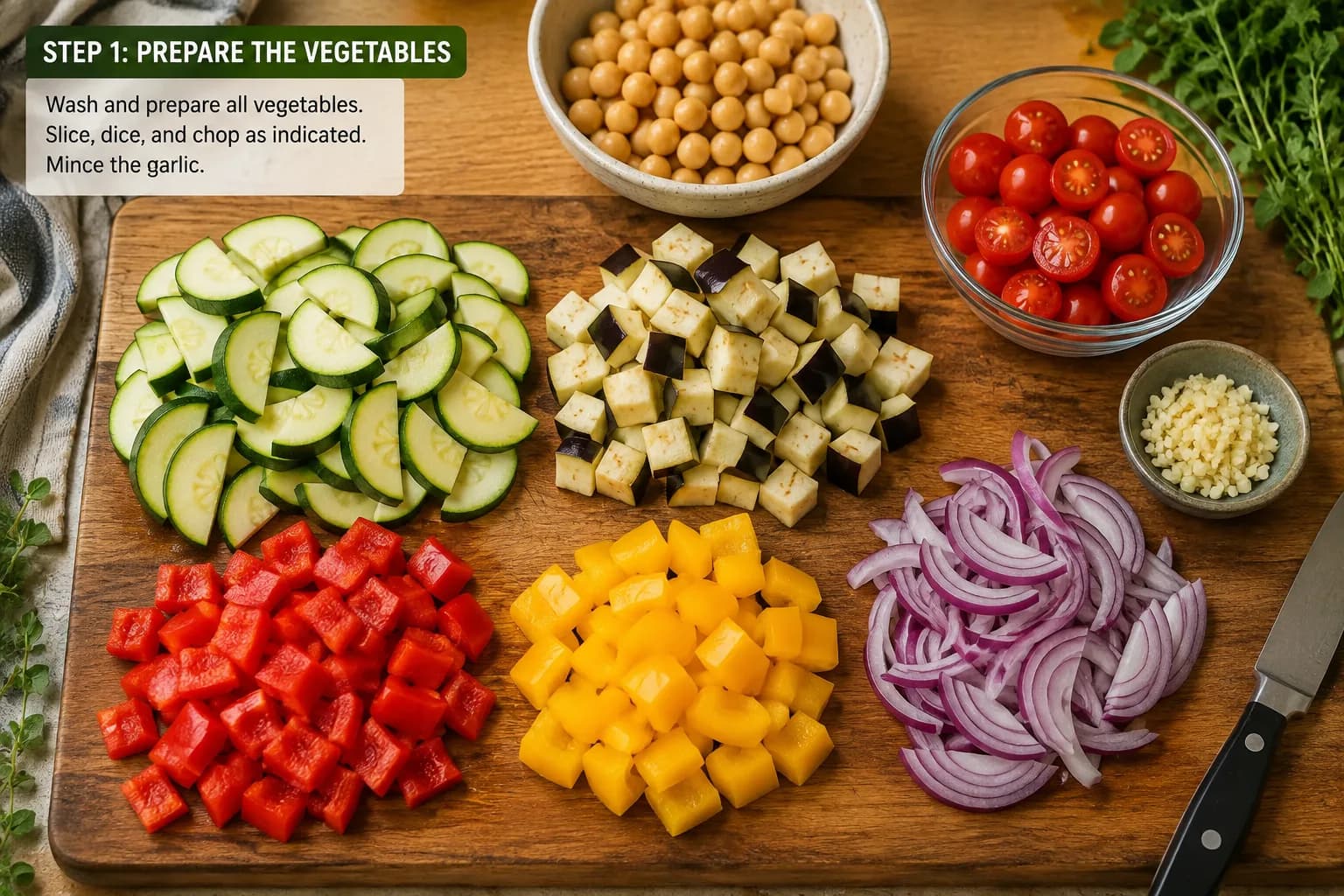 Fresh zucchini, eggplant, bell peppers, onion, tomatoes, and chickpeas prepared for a Mediterranean vegetable bake.