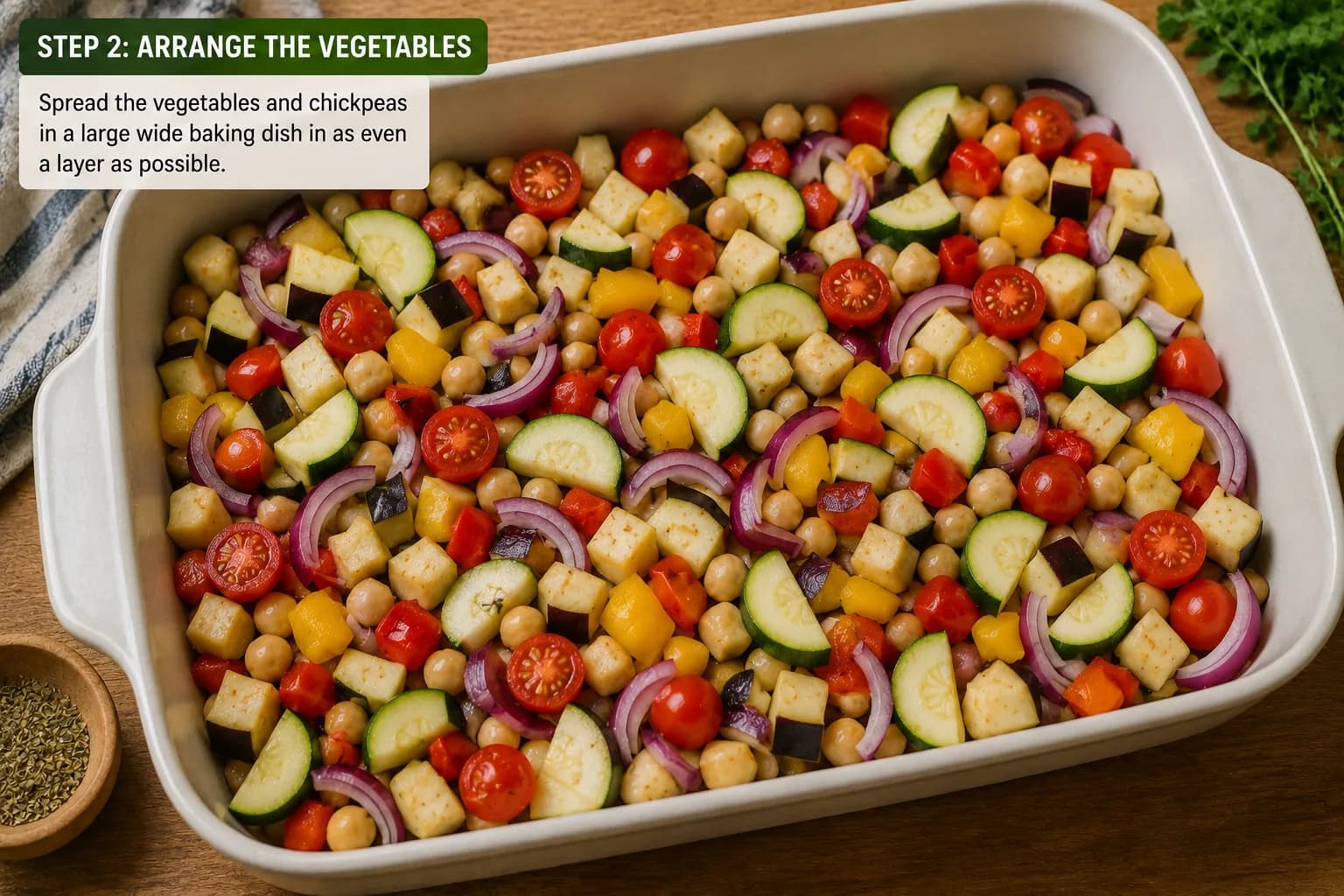 Prepared Mediterranean vegetables and chickpeas spread evenly in a large baking dish.