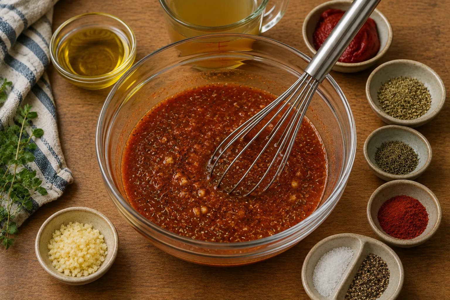 Tomato paste, olive oil, garlic, vegetable broth, and Mediterranean herbs being mixed into a seasoned sauce.