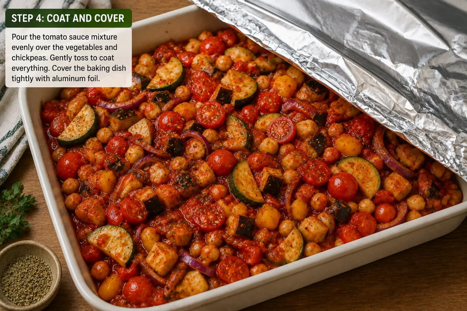 Mediterranean vegetables coated in tomato herb sauce and covered with foil before baking.