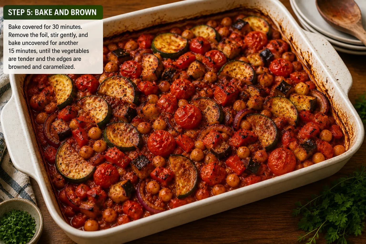 Mediterranean vegetable casserole baking uncovered with tender vegetables and lightly browned edges.
