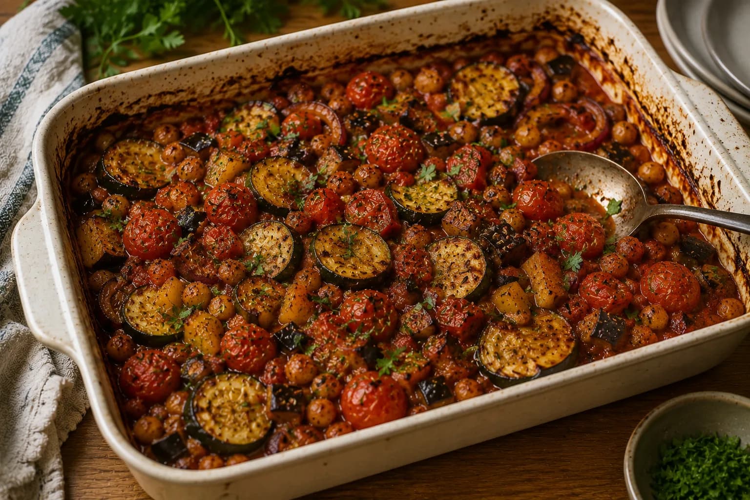 Finished Mediterranean vegetable bake topped with fresh parsley and basil and ready to serve.