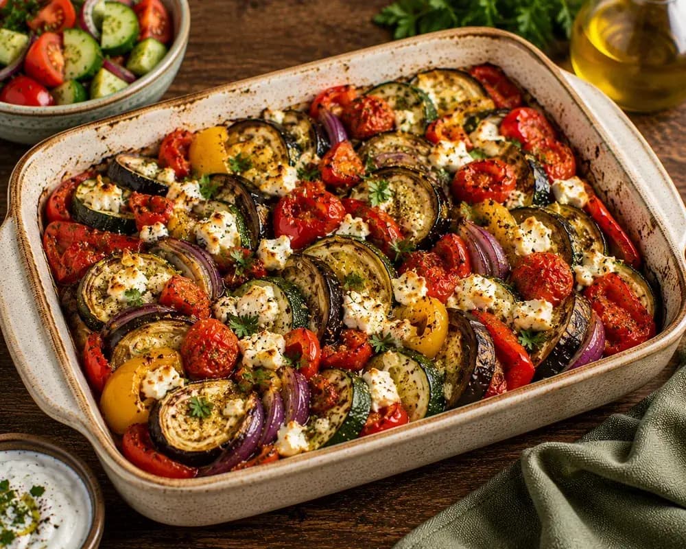 Mediterranean vegetable bake with roasted zucchini, eggplant, bell peppers, tomatoes, chickpeas, fresh herbs, and olive oil.