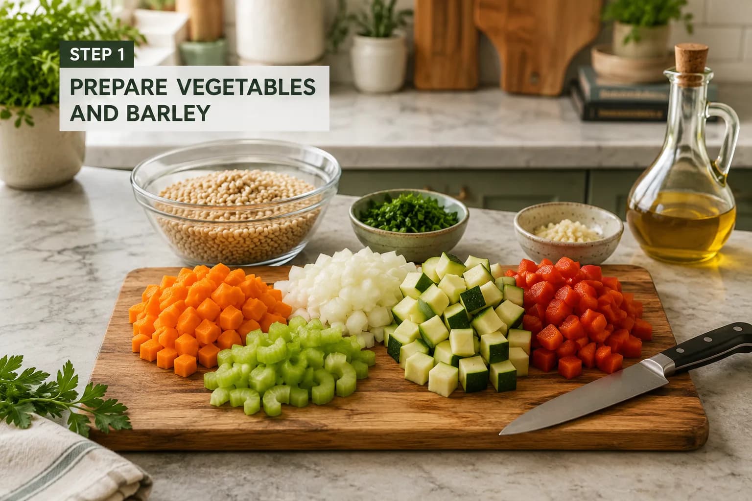 Pearl barley and freshly diced vegetables prepared on a kitchen counter for Syrian vegetable barley soup.