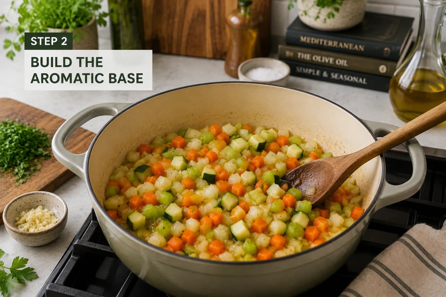 Diced onion, carrot, celery, and zucchini gently cooking in olive oil in a stylish kitchen pot.