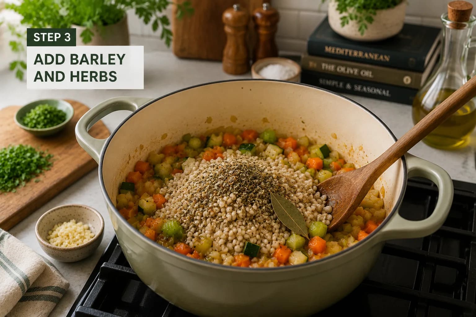 Pearl barley, garlic, oregano, thyme, and bay leaf being added to a vegetable base for Syrian soup.