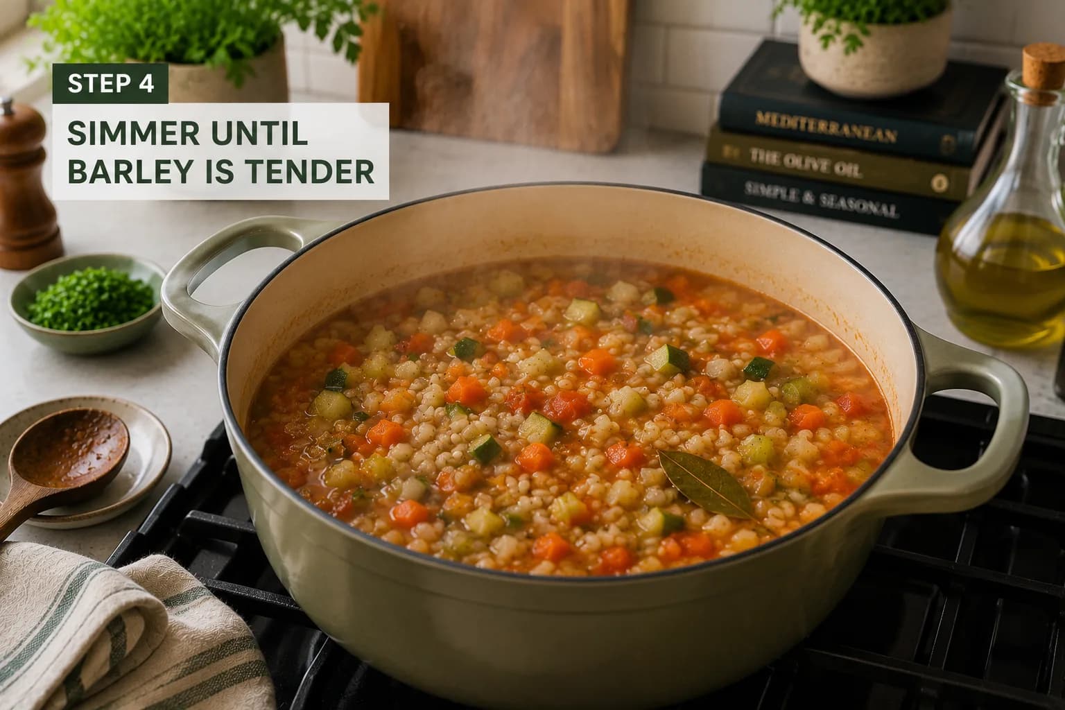 Tomatoes and vegetable broth added to pearl barley and vegetables in a large soup pot.