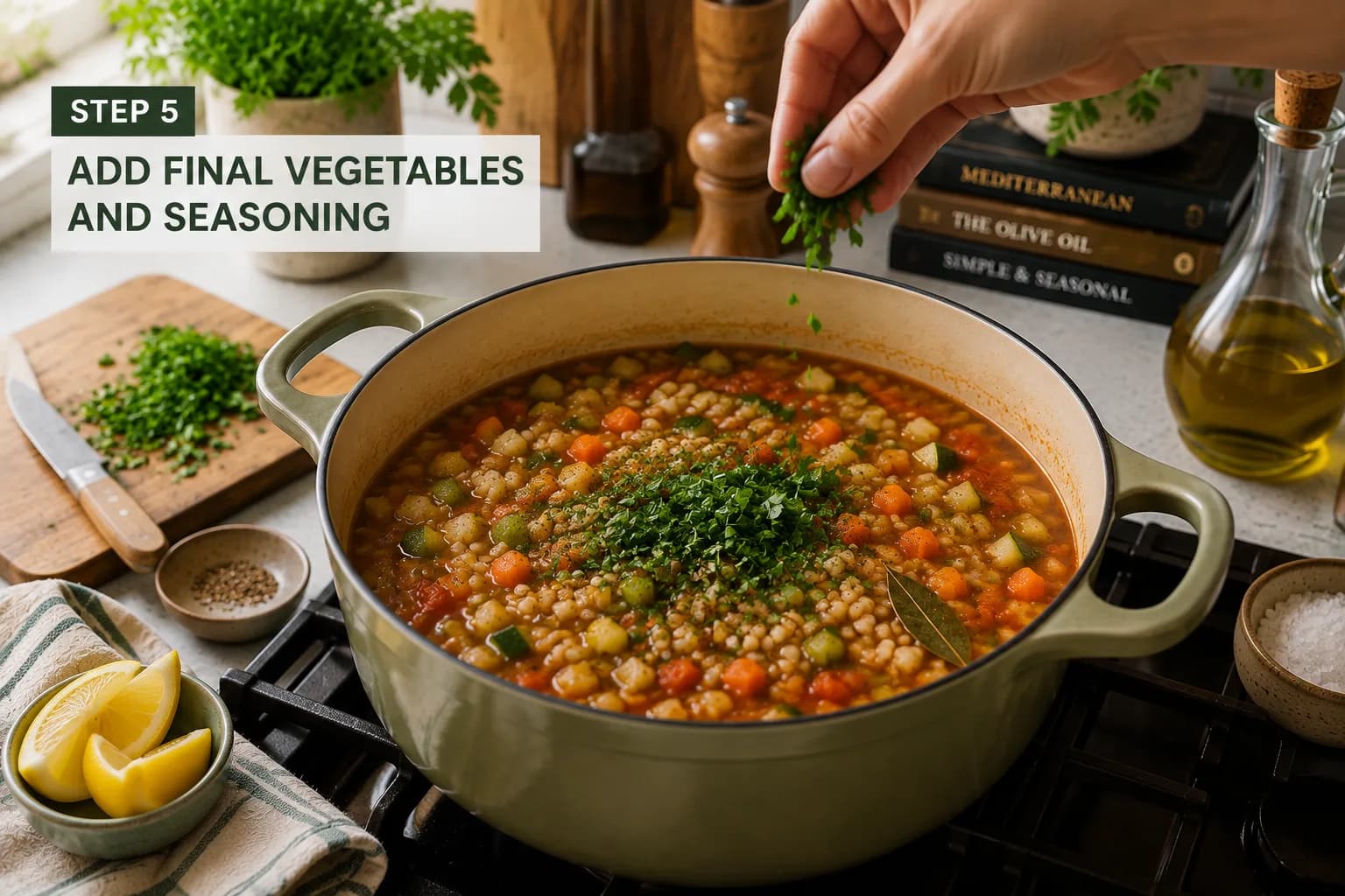 Chunky Syrian-style vegetable barley soup gently simmering with visible vegetables and pearl barley.