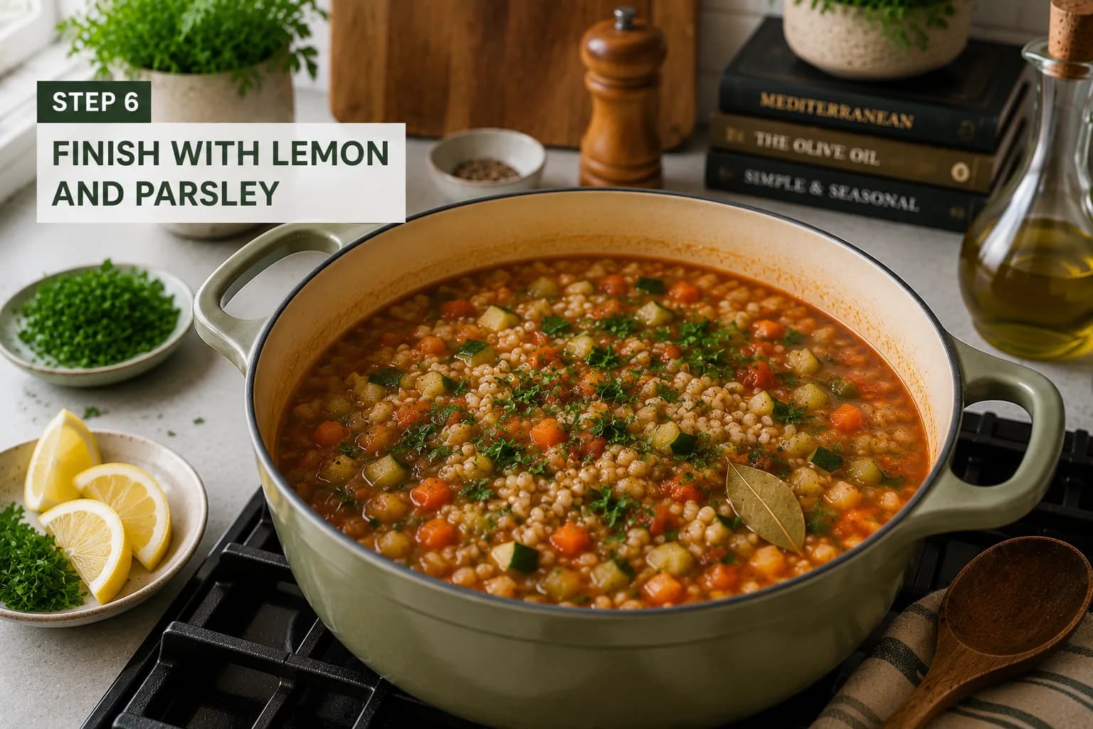 Finished chunky Syrian vegetable barley soup garnished with fresh parsley and served with lemon.
