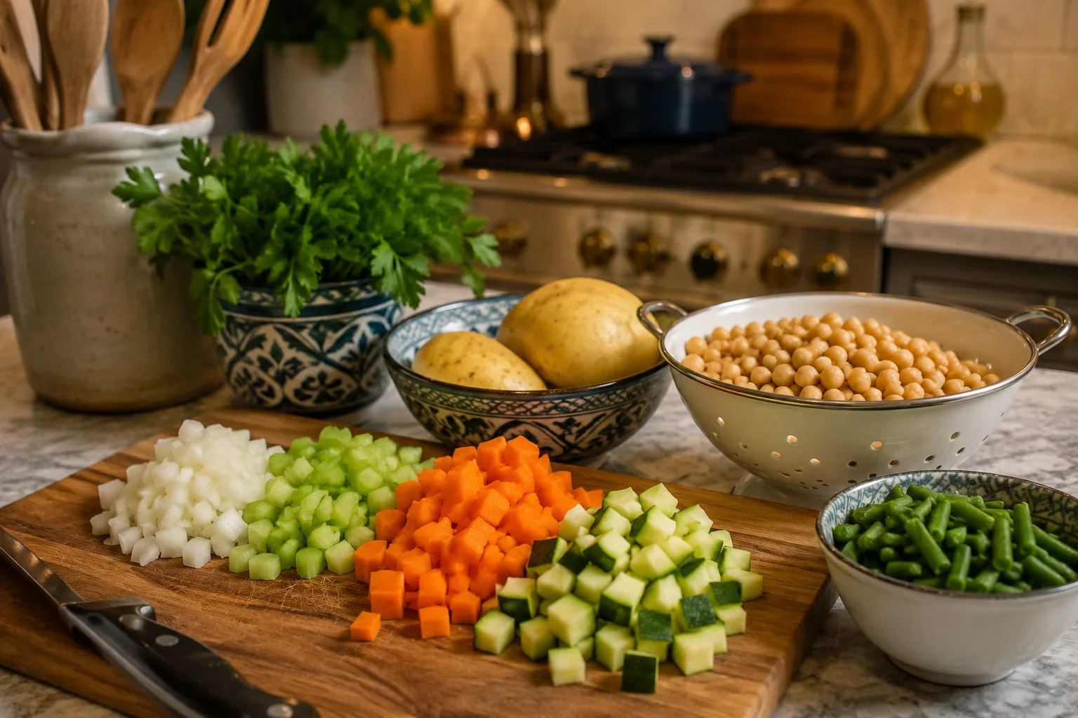 Fresh Syrian-style vegetable soup ingredients prepared in a stylish kitchen.