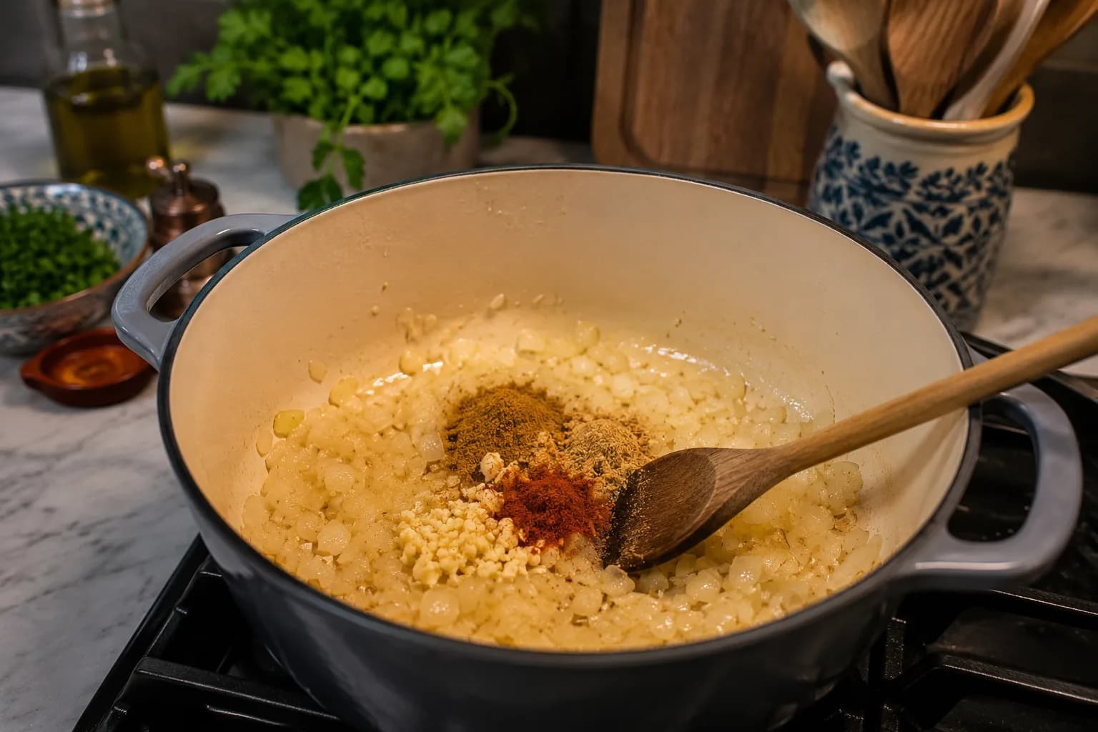 Diced onion, garlic, cumin, coriander, and paprika gently cooking in olive oil.