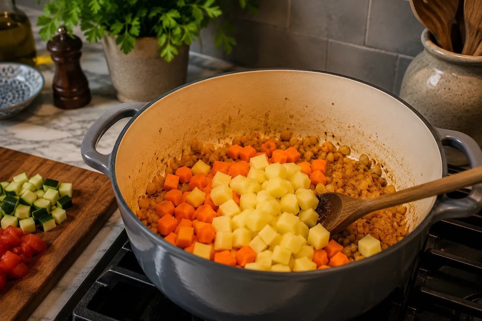 Potatoes and carrots being added to the seasoned onion and garlic base.