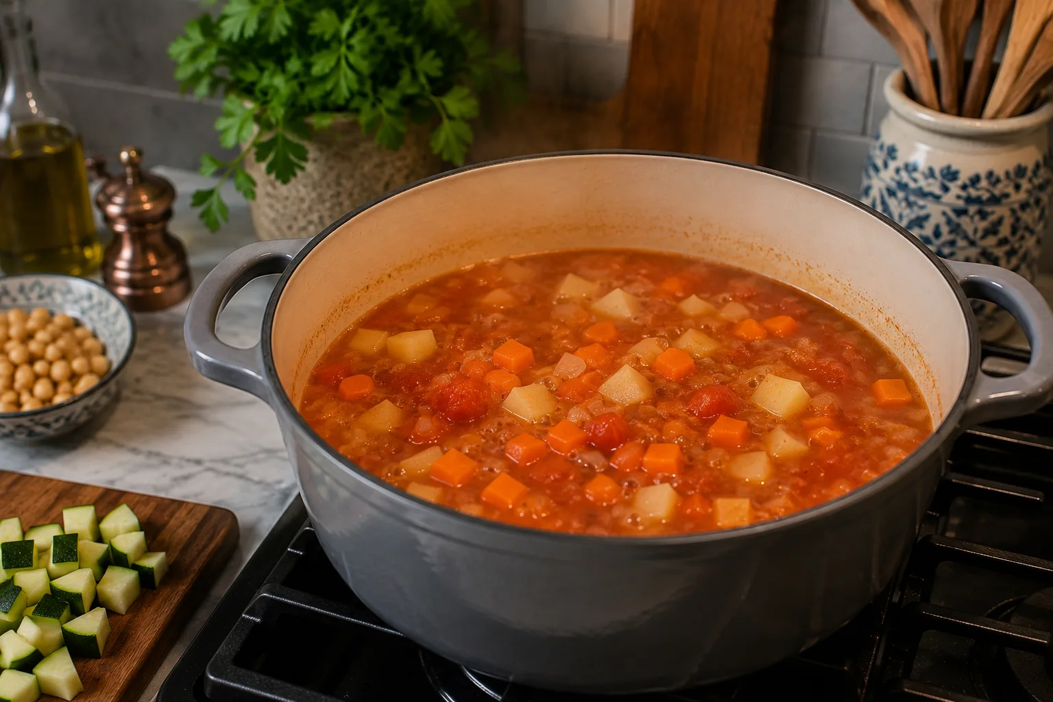 Colorful chunky vegetables simmering in a tomato vegetable broth.
