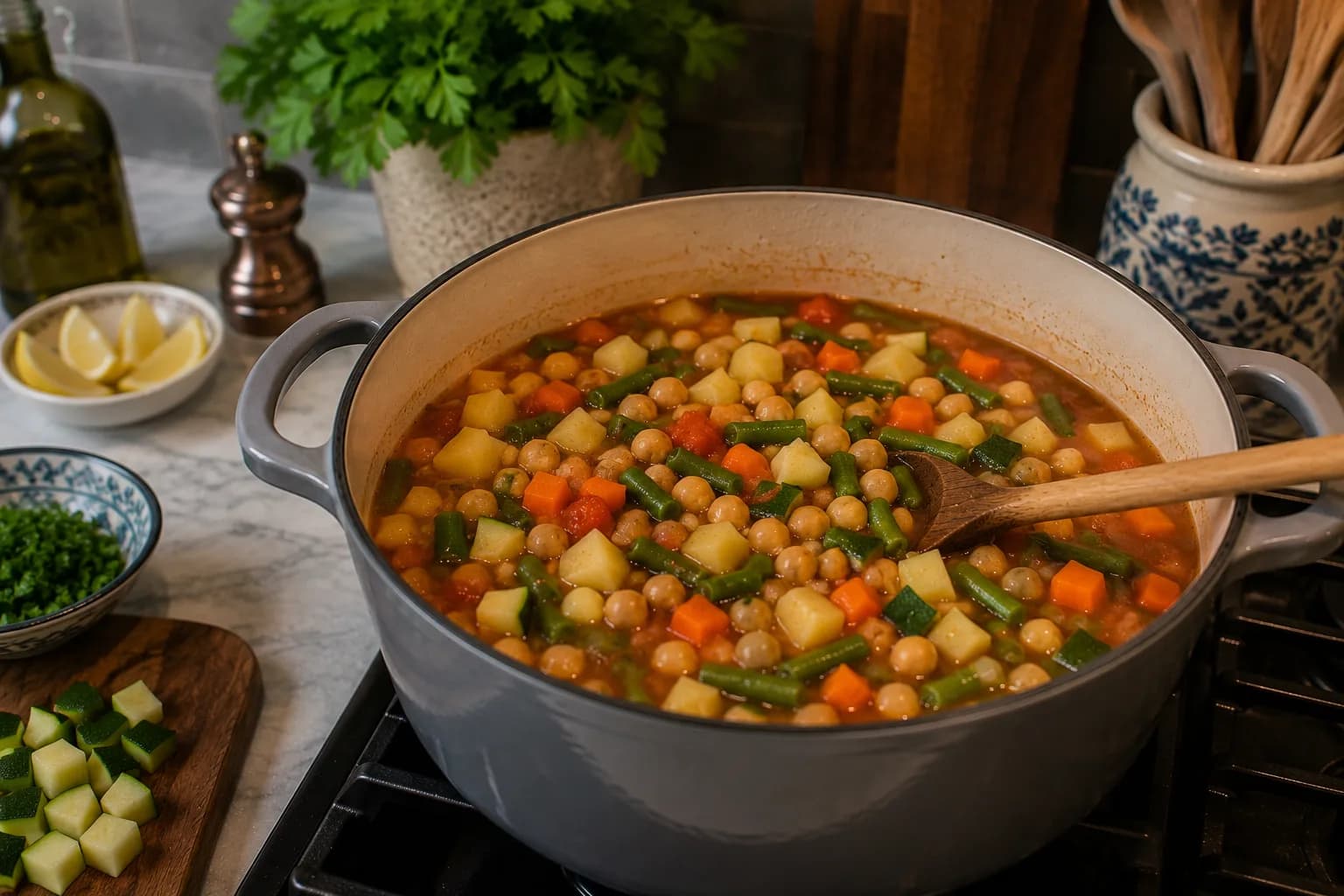 Chunky zucchini, green beans, chickpeas, potatoes, carrots, and tomatoes simmering together.