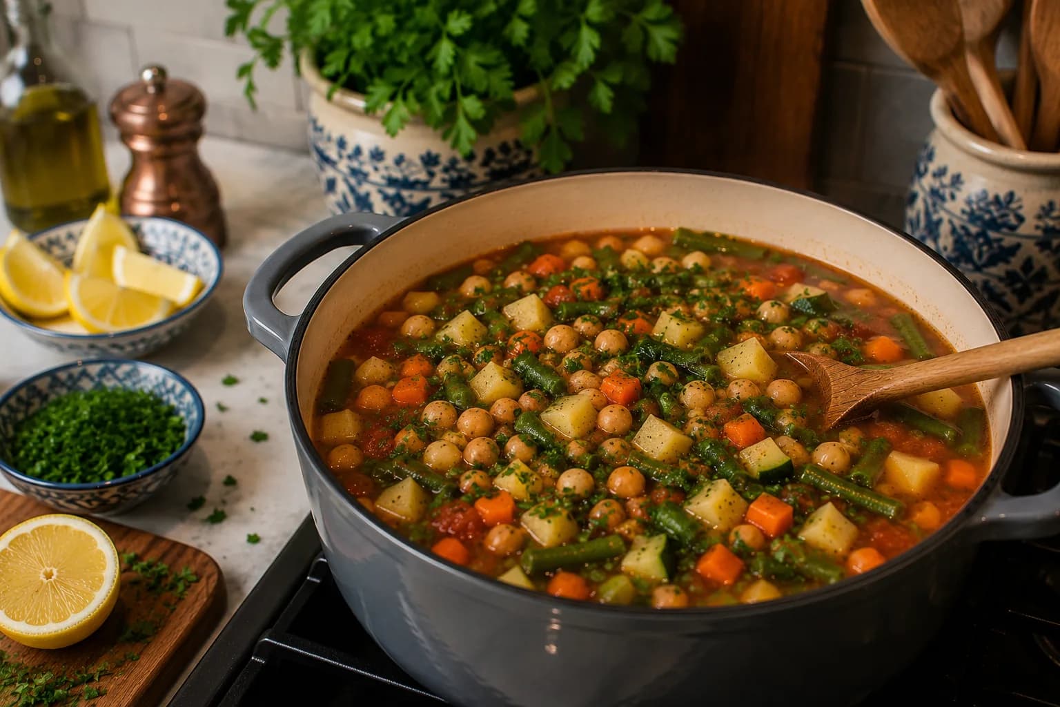 Finished chunky Syrian Mediterranean vegetable soup garnished with parsley, olive oil, and lemon wedges.