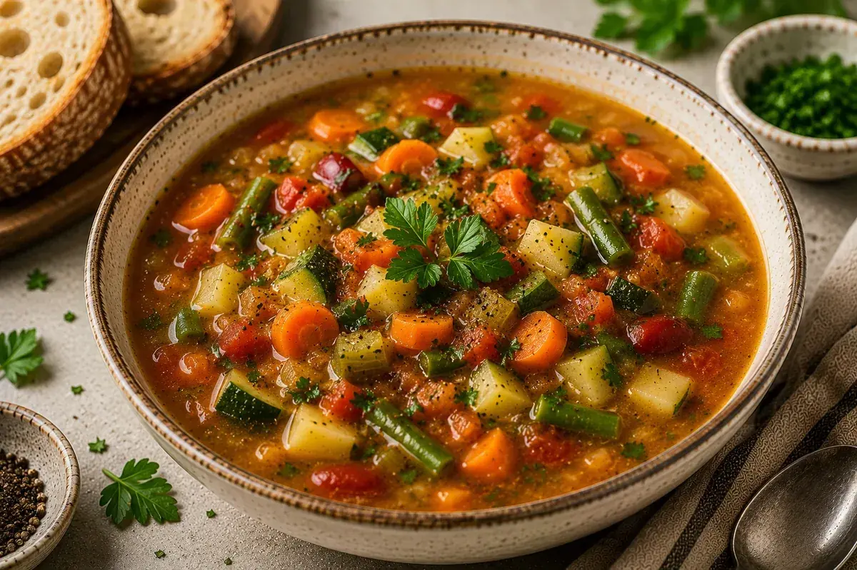 Syrian-style Mediterranean vegetable soup with colorful vegetables, chickpeas, parsley, and lemon.