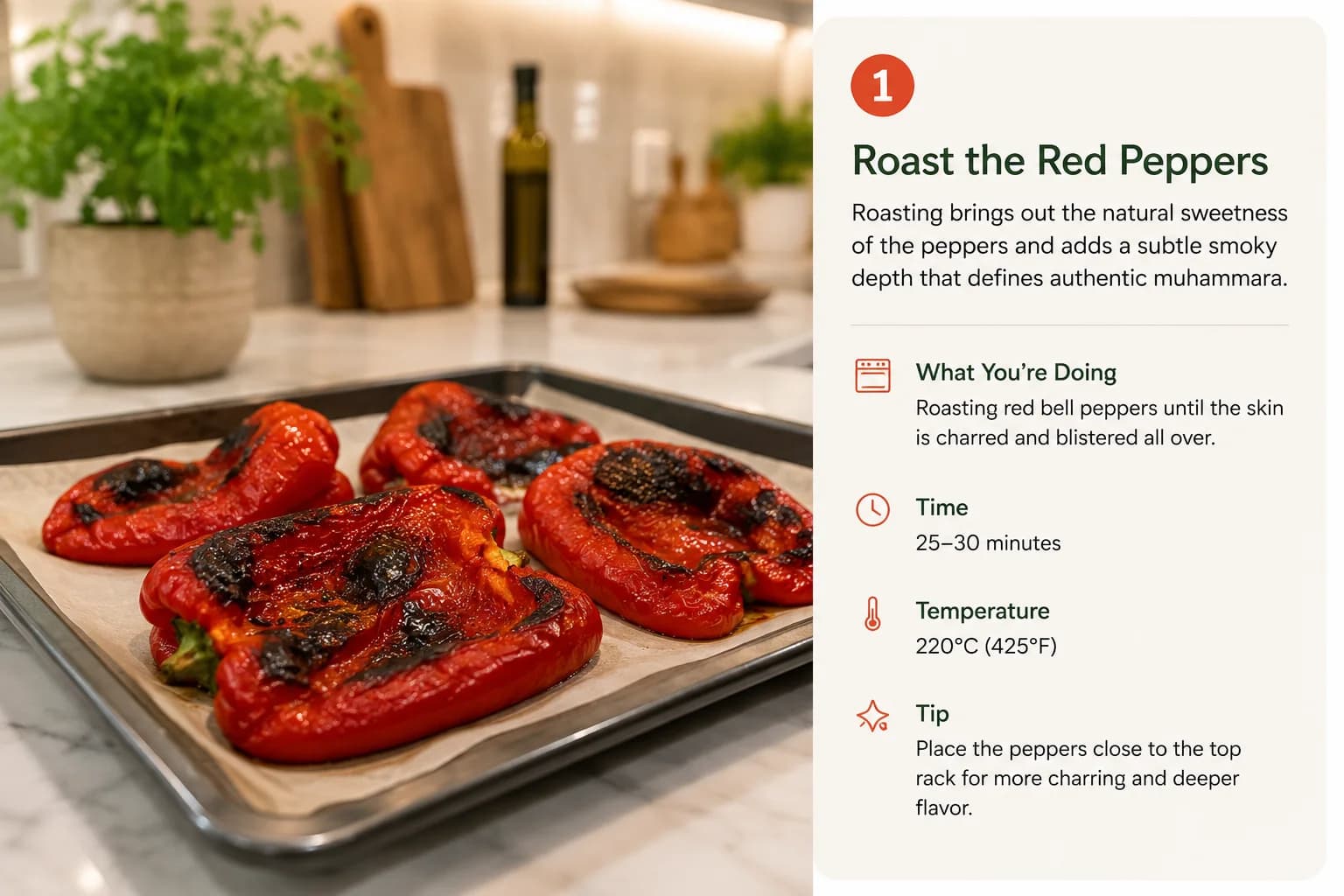 Whole red bell peppers roasting on a baking tray in a stylish natural kitchen.