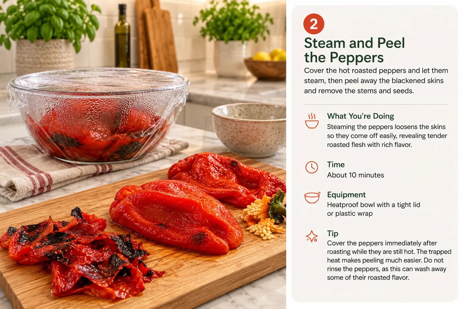 Roasted red peppers being steamed and peeled in a stylish kitchen.