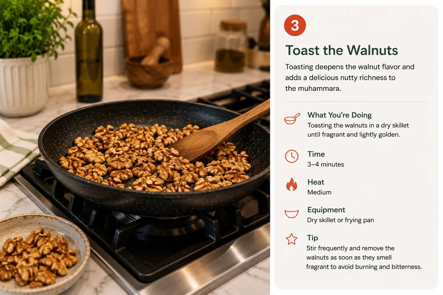 Walnuts lightly toasting in a dry skillet in a stylish natural kitchen.