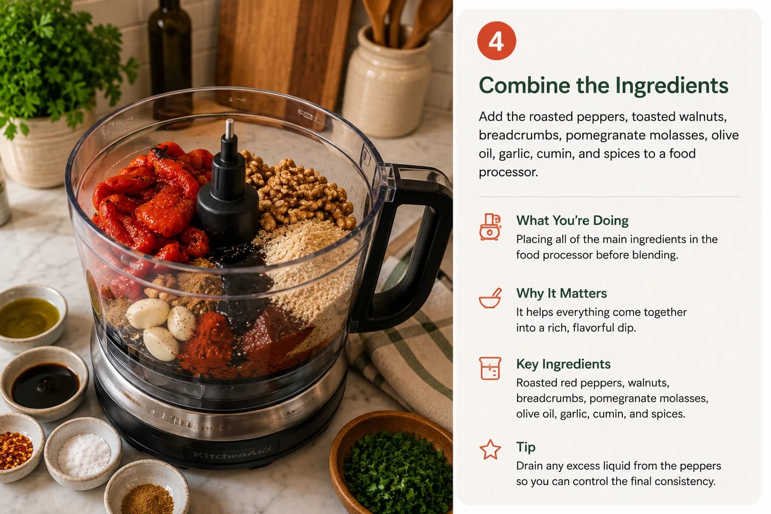Roasted peppers, walnuts, breadcrumbs, pomegranate molasses, olive oil, garlic, and spices combined in a food processor.