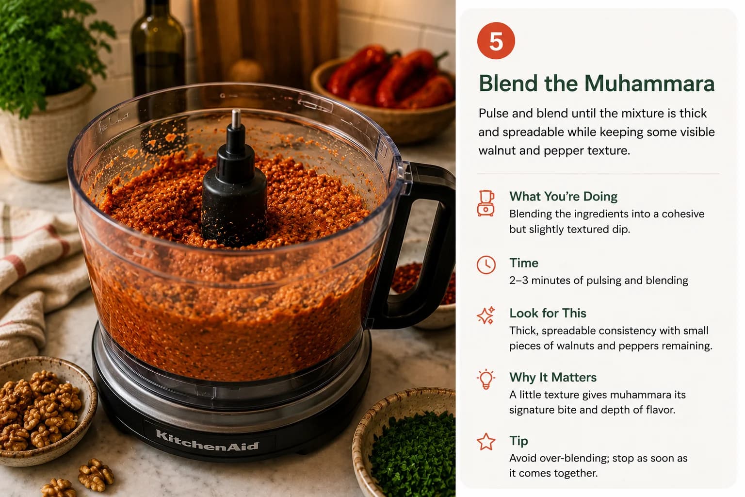 Syrian Muhammara being blended into a thick textured roasted red pepper and walnut dip.