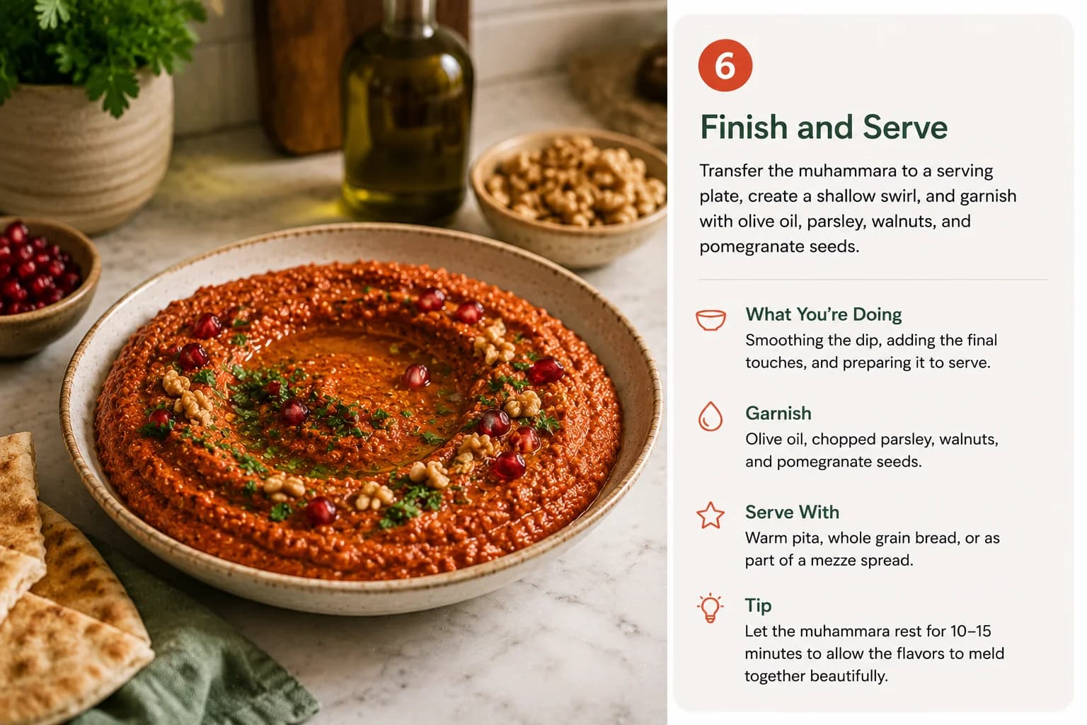 Finished Aleppine Muhammara garnished with olive oil, parsley, walnuts, and pomegranate seeds beside warm pita bread.