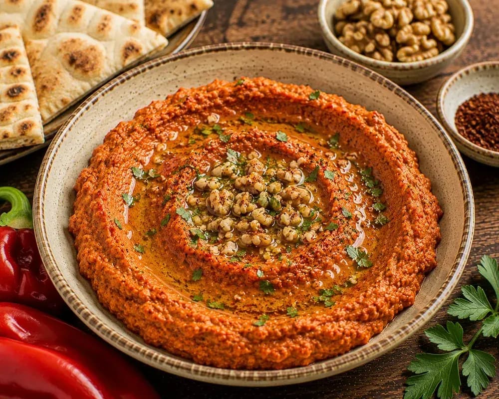 Aleppine Syrian Muhammara made with roasted red peppers and walnuts, finished with olive oil, parsley, walnuts, and pomegranate seeds beside warm whole wheat pita.