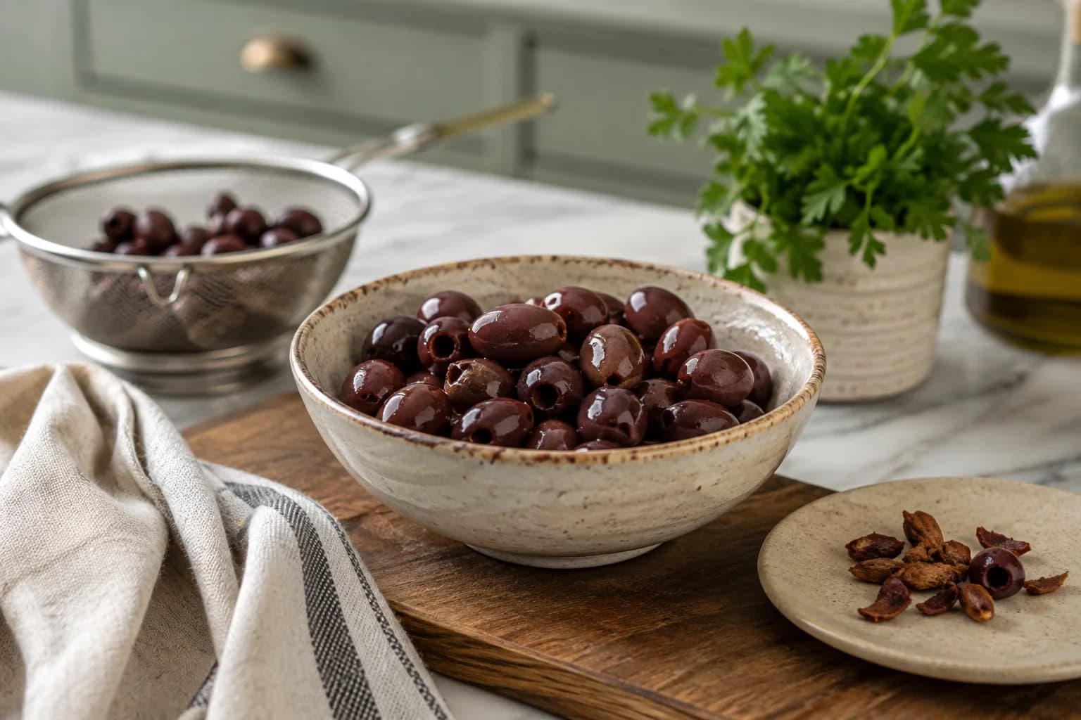 Pitted olives and drained capers prepared on a kitchen board for olive tapenade.