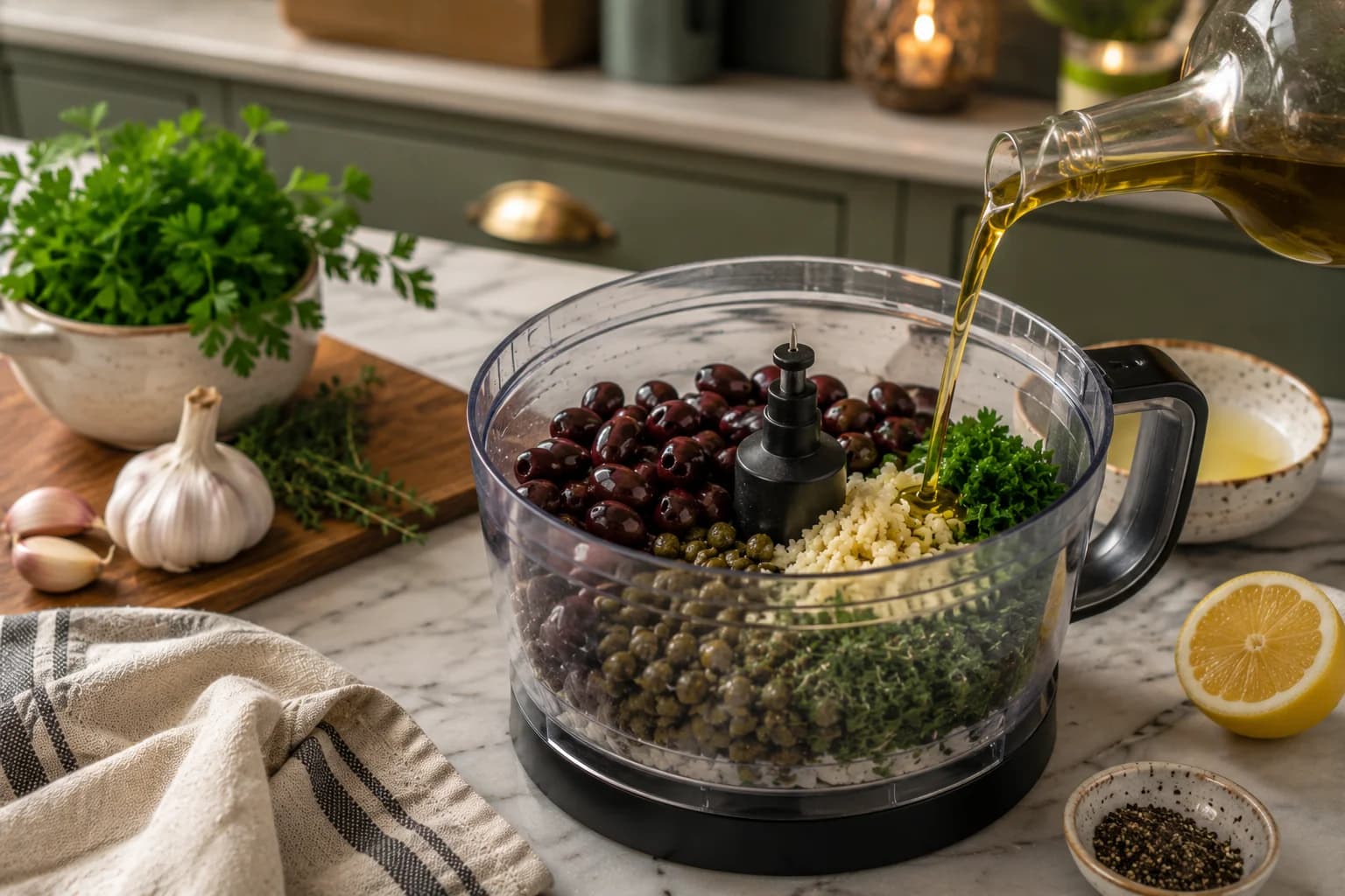 Lemon juice, extra virgin olive oil, parsley, thyme, and black pepper being added to the chopped olive mixture.