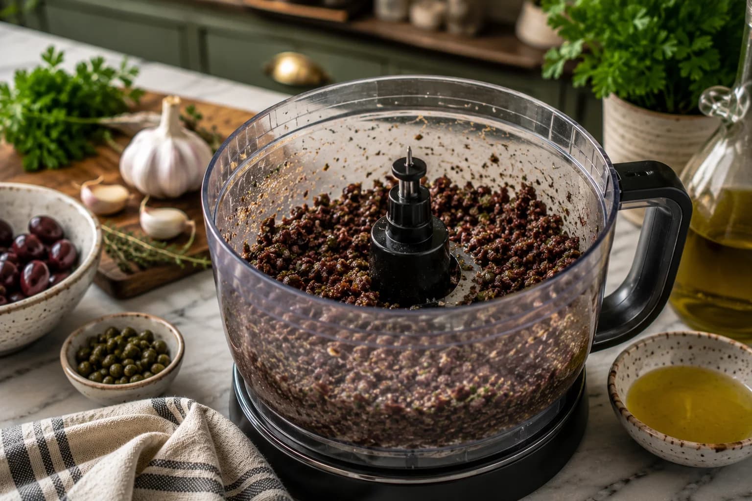 Rustic olive tapenade mixture being checked for its coarse spreadable texture.