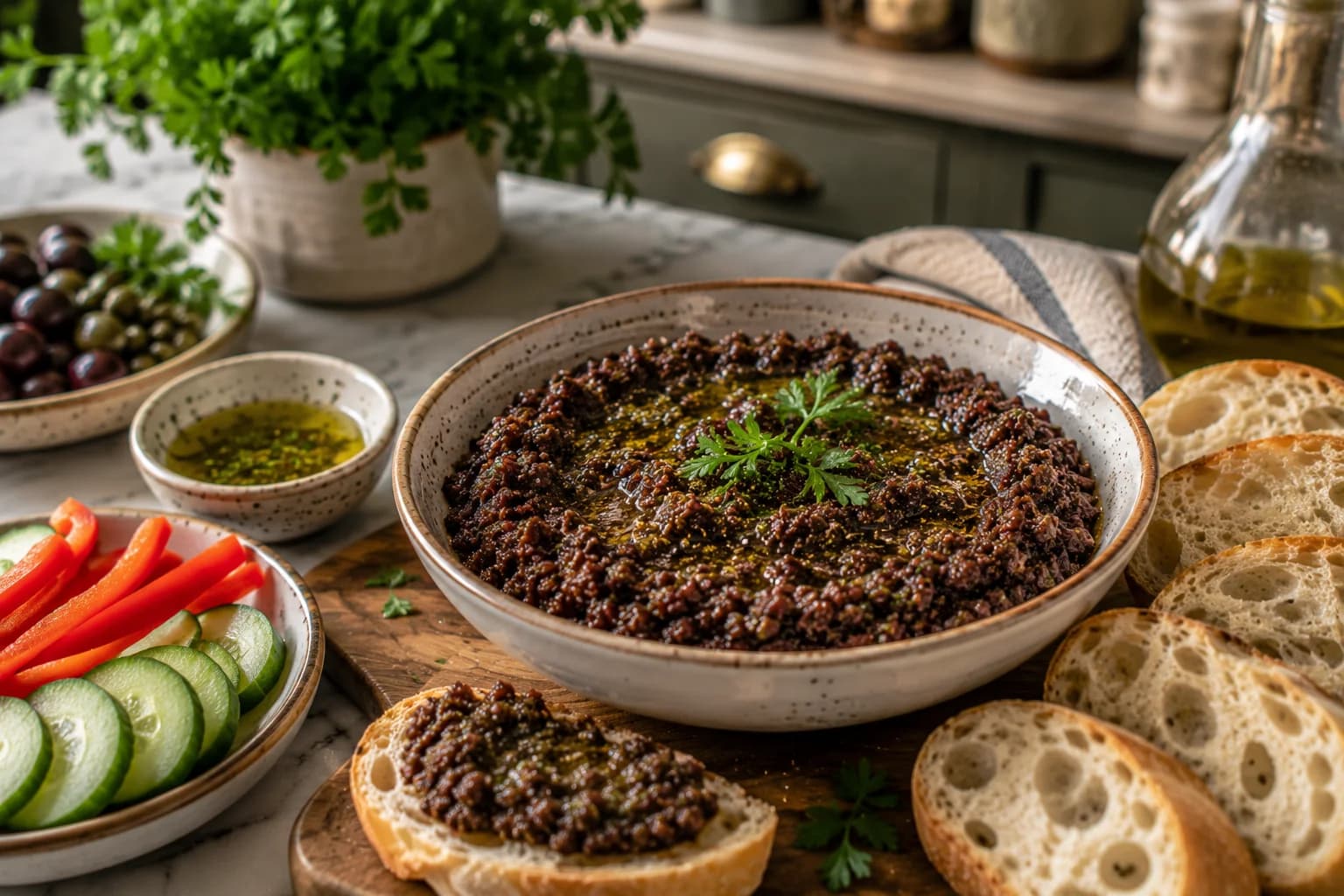 Finished rustic olive tapenade served in a small bowl with bread and fresh Mediterranean vegetables.