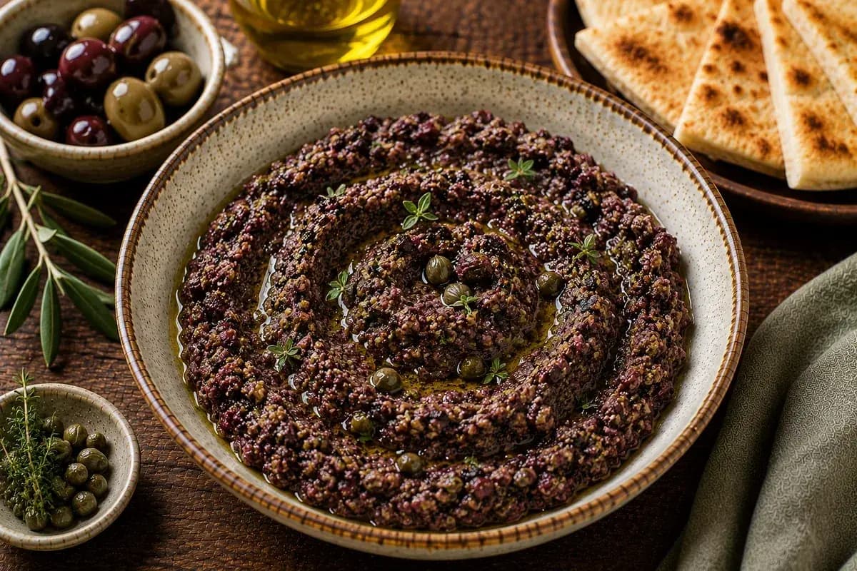 Rustic olive tapenade made with chopped olives, capers, garlic, lemon, herbs, and extra virgin olive oil served in a small bowl.
