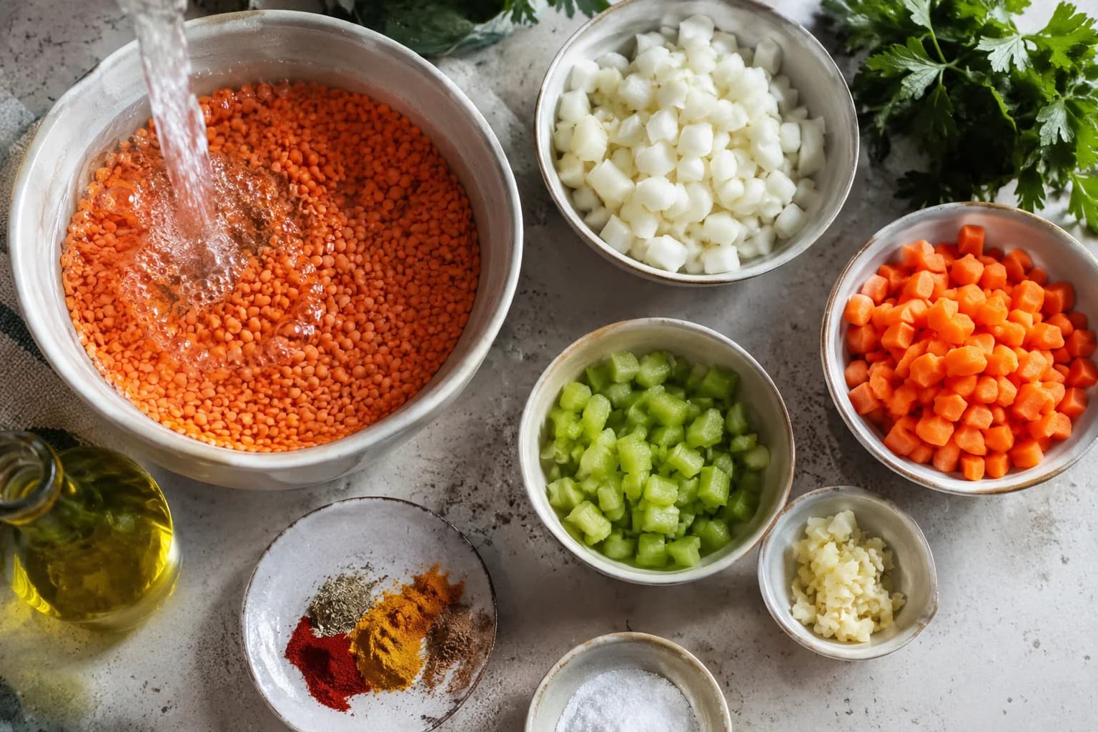 Rinsed red lentils and chopped onion, carrots, celery, and garlic prepared for Lebanese lentil soup.