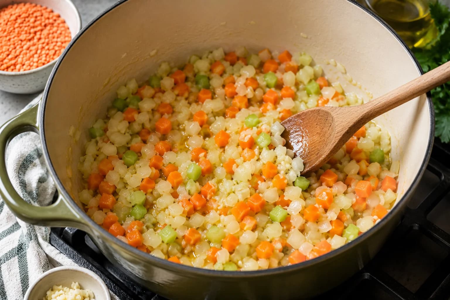 Onion, carrots, celery, and garlic being gently sautéed in olive oil for Lebanese red lentil soup.