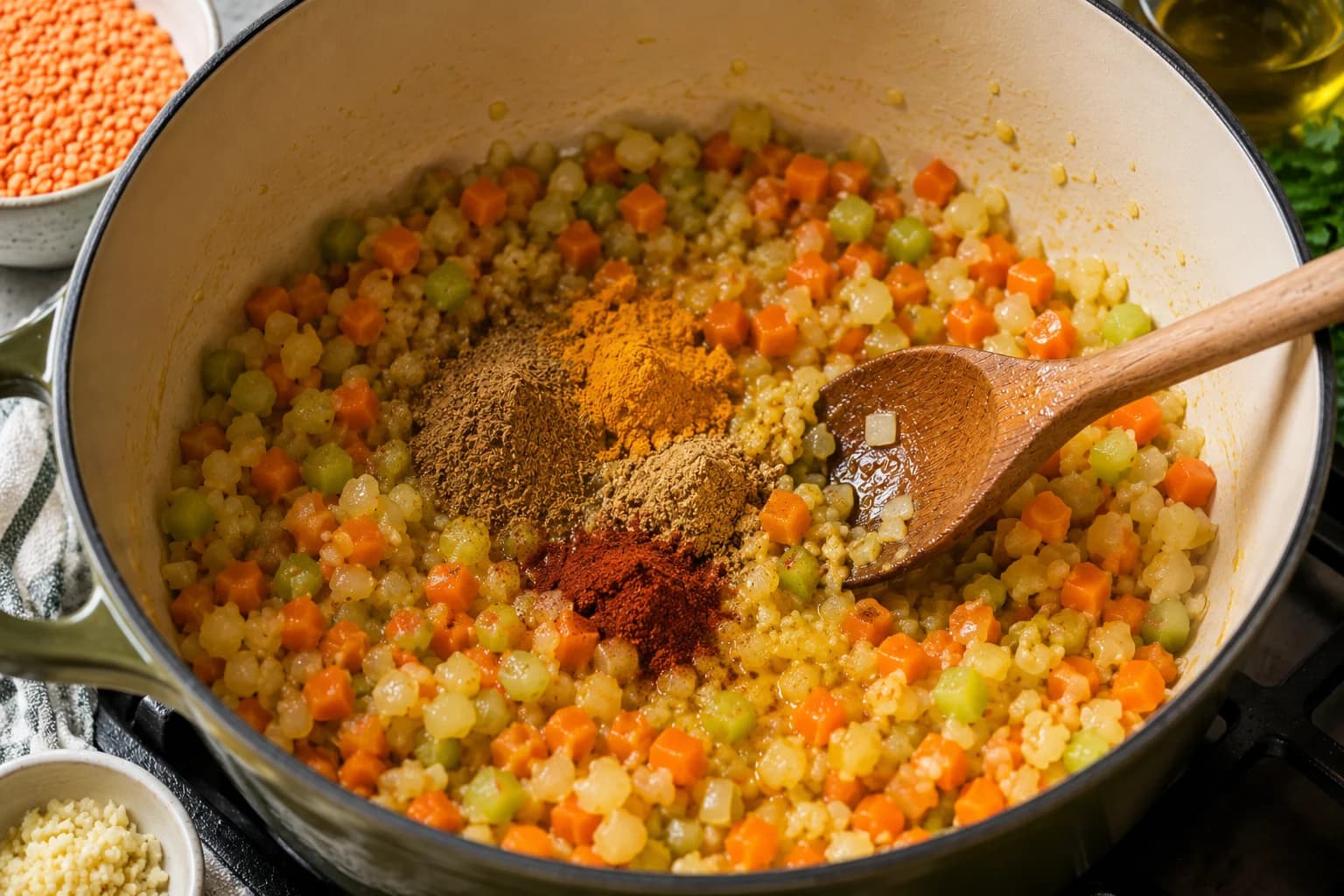 Warm cumin, turmeric, coriander, and paprika being stirred into the vegetable base for Lebanese lentil soup.