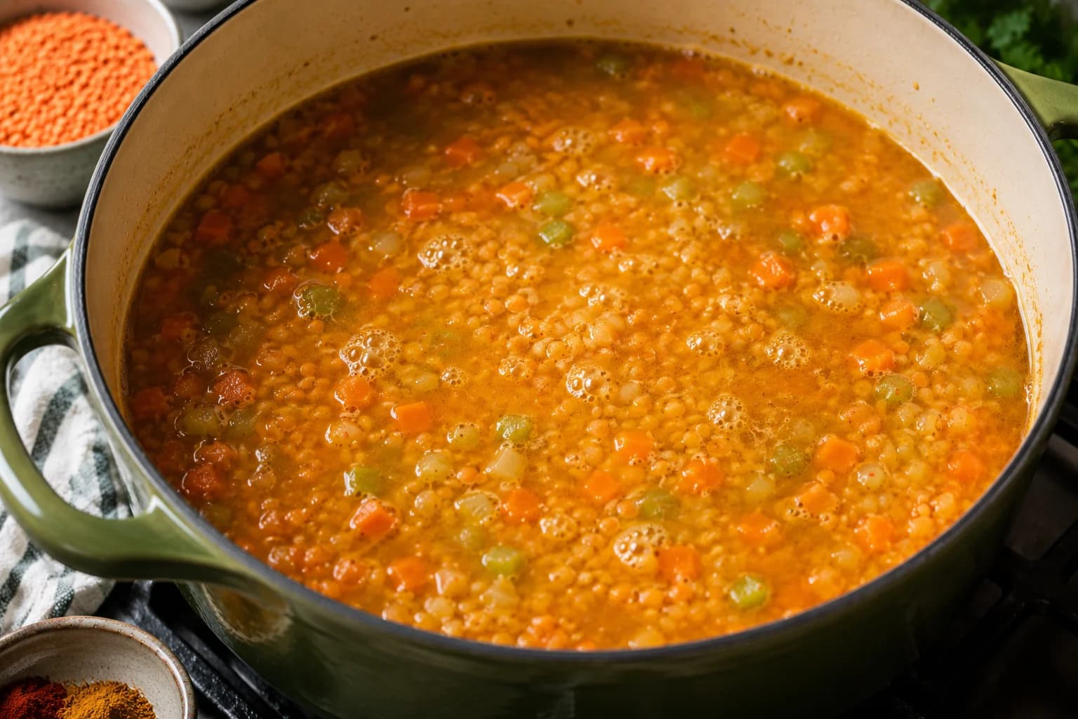 Red lentils and vegetables gently simmering in broth for Lebanese Shorbat Adas.