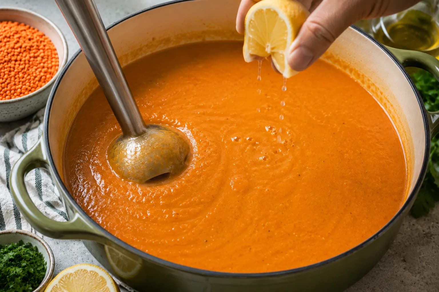 Smooth blended Lebanese red lentil soup being seasoned with fresh lemon juice.