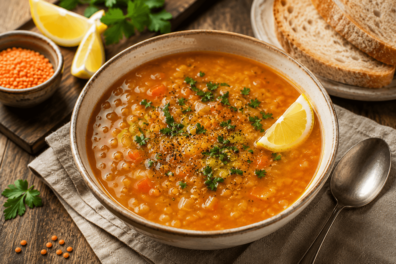 Creamy red lentil soup garnished with parsley, olive oil, and lemon wedges.