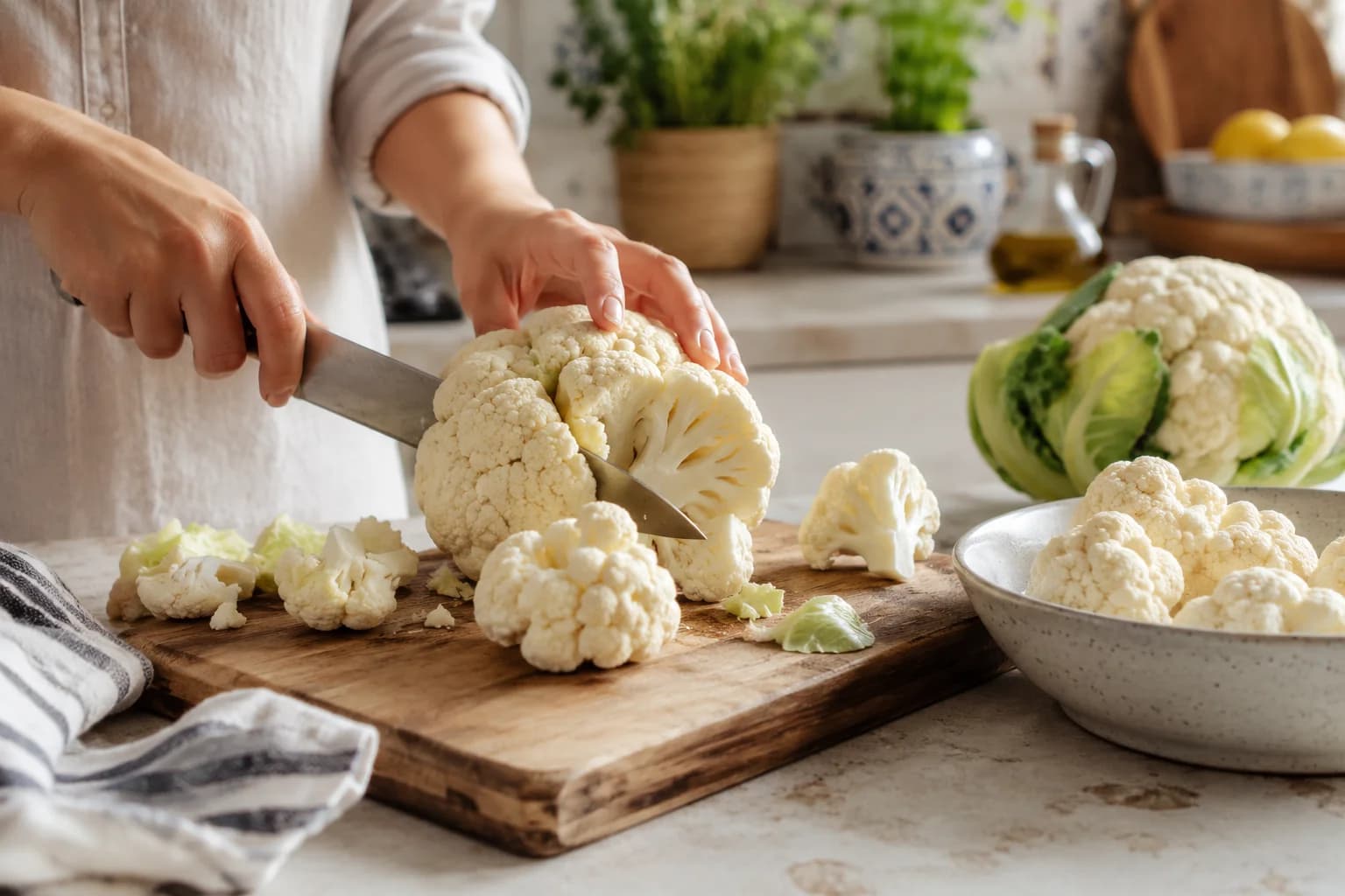 Fresh cauliflower being cut into evenly sized florets on a natural work surface in a stylish Mediterranean kitchen.