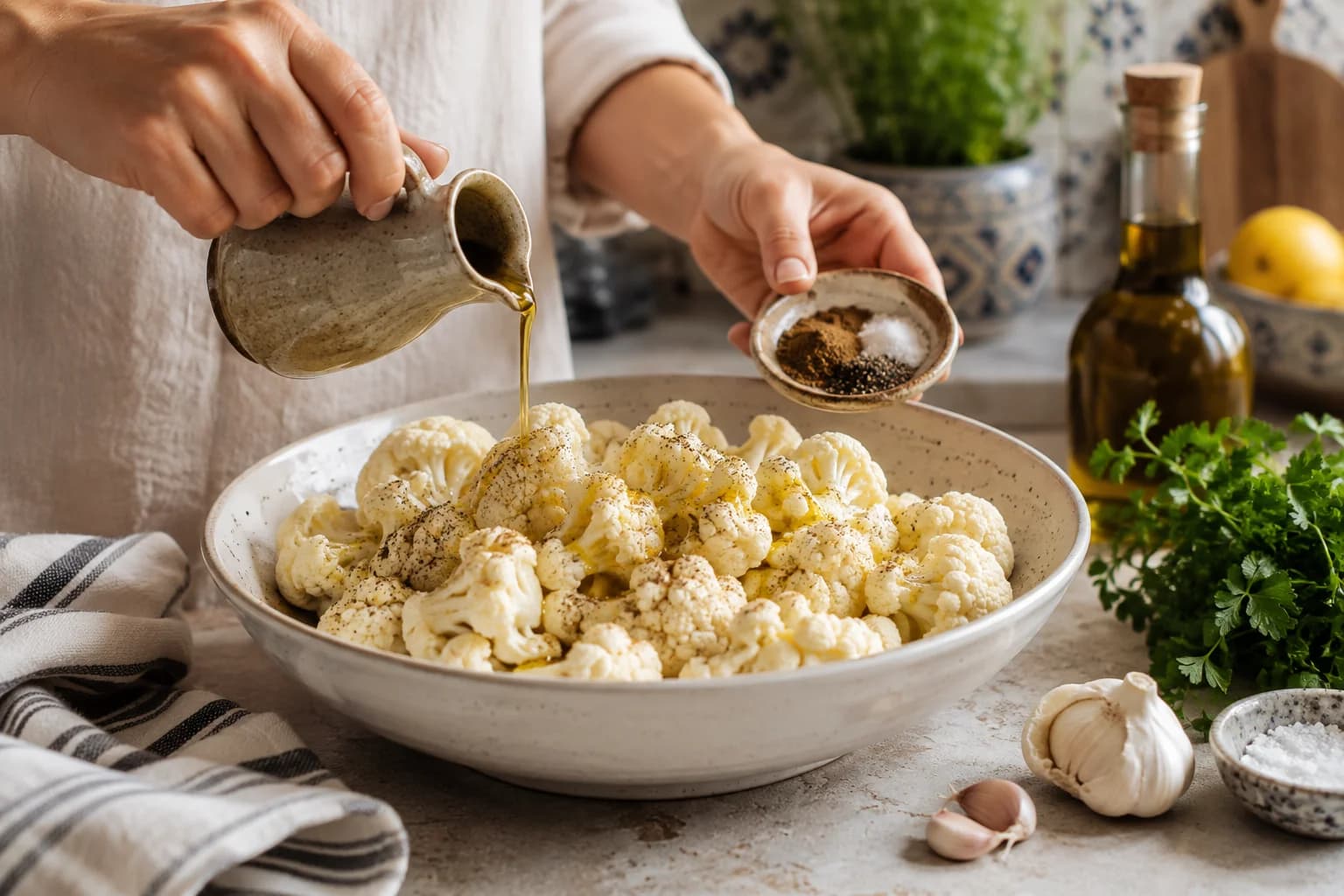 Cauliflower florets being seasoned with olive oil, cumin, salt, and black pepper in a natural stylish Mediterranean kitchen.