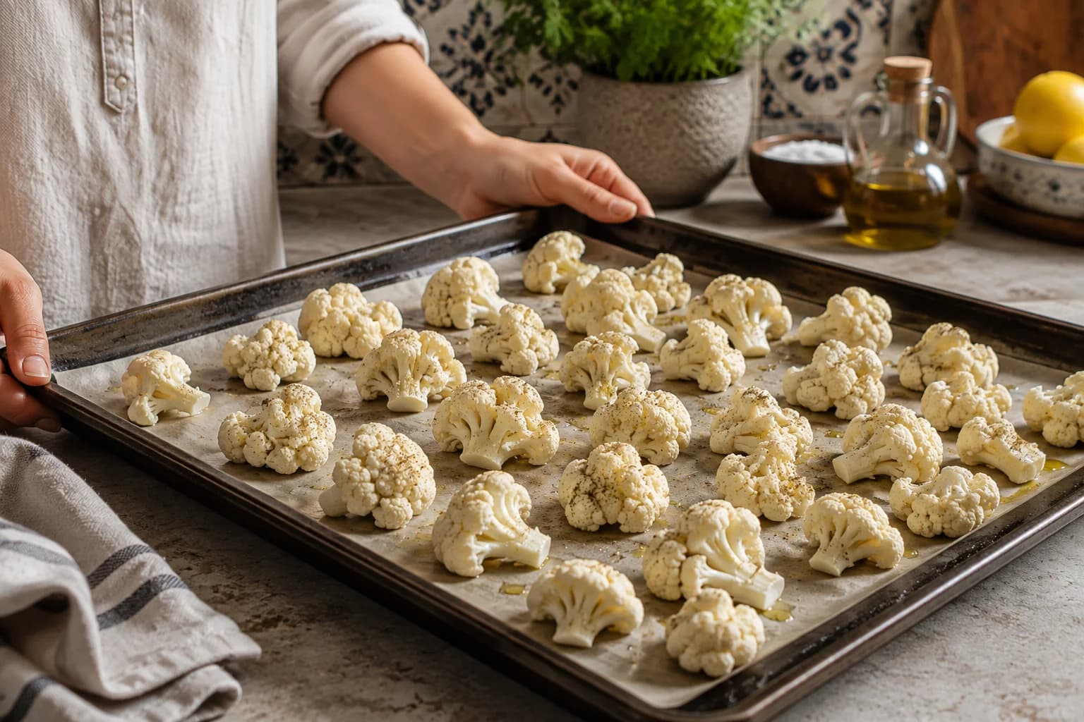 Seasoned cauliflower florets naturally arranged with space between them on a baking tray in a stylish Mediterranean kitchen.