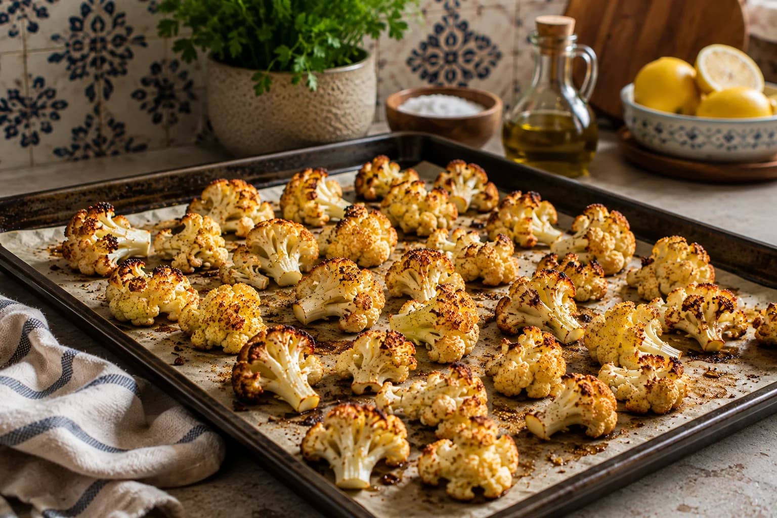 Golden roasted cauliflower florets browning on a baking tray in a natural stylish Mediterranean kitchen.